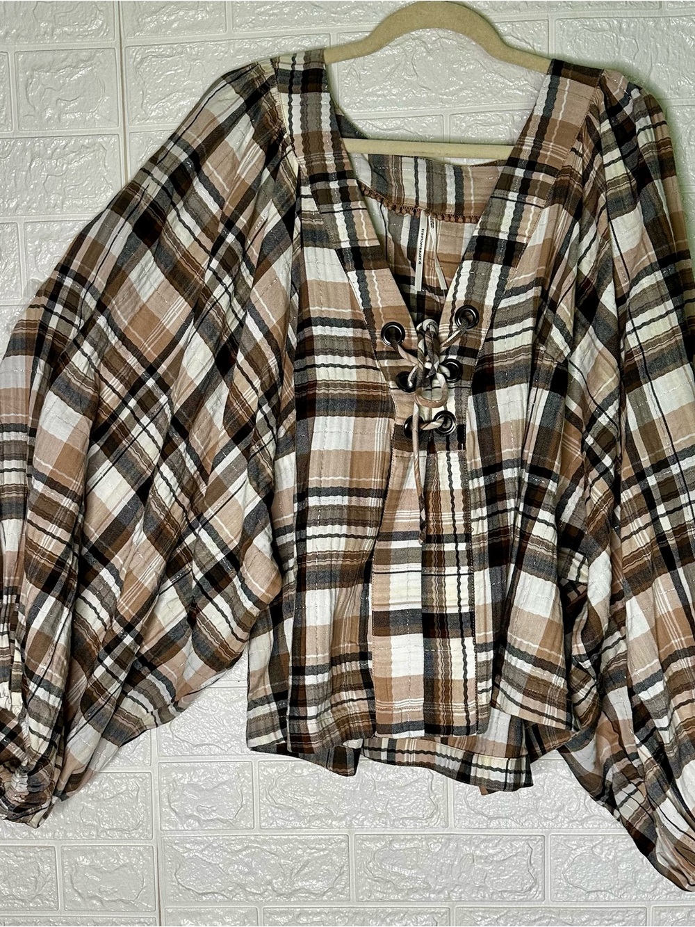 Anthropologie Plaid Lace-Up Peasant Blouse in Brown, White, Black